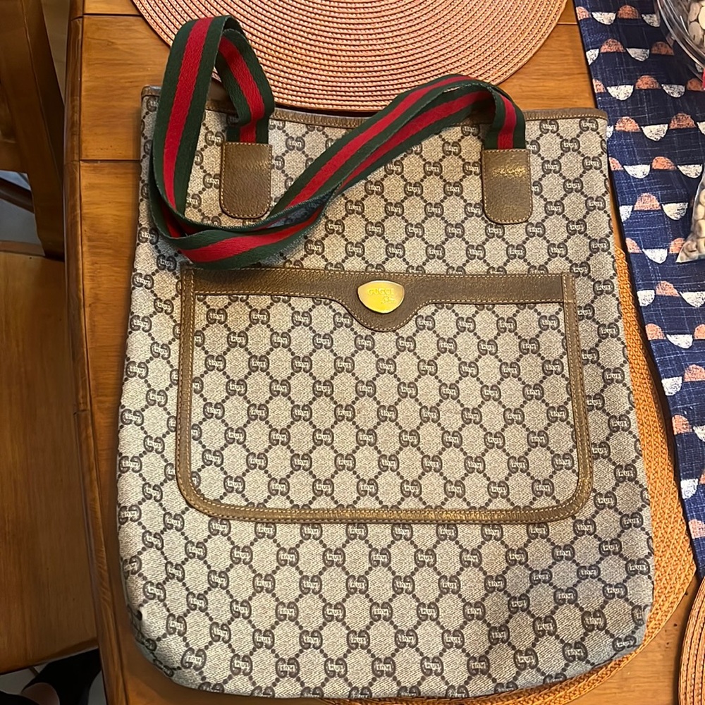 Gucci Beige and Brown Monogram Tote with Signature Webbing